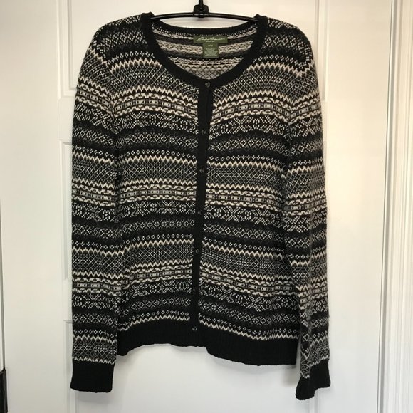 Eddie‎ Bauer Black White Fair Isle Nordic Button Cardigan Cotton Blend Women’s M - Picture 2 of 8